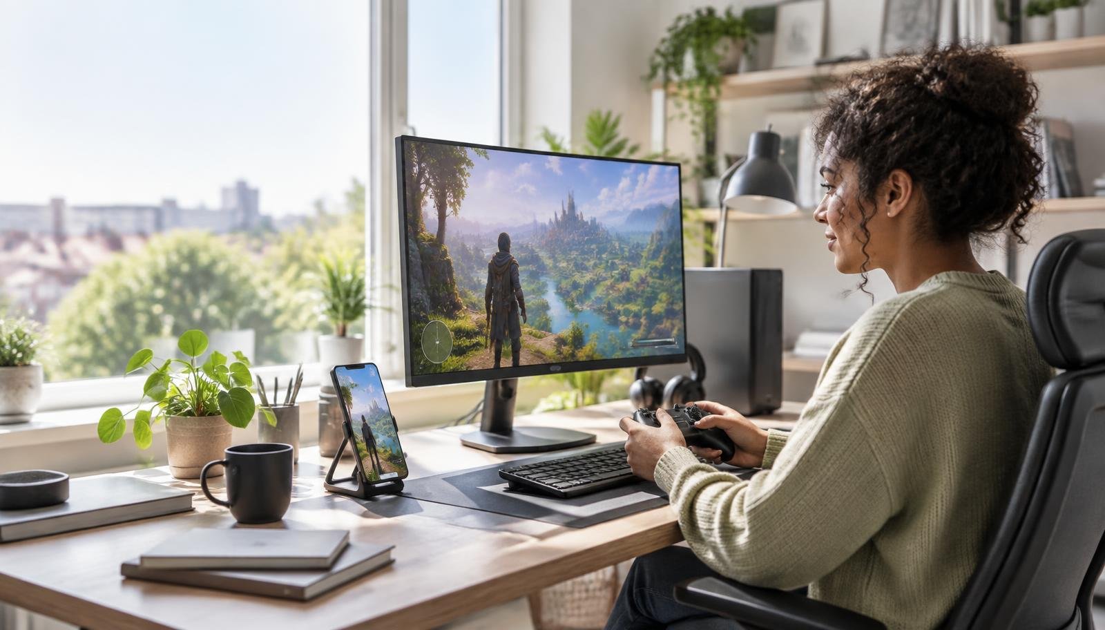 Spieletesterin im hellen Homeoffice mit PC, Smartphone und Controller
