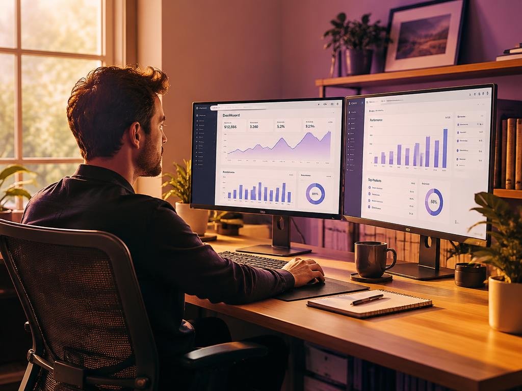 Mitarbeiter arbeitet in Vollzeit im Homeoffice an zwei Monitoren