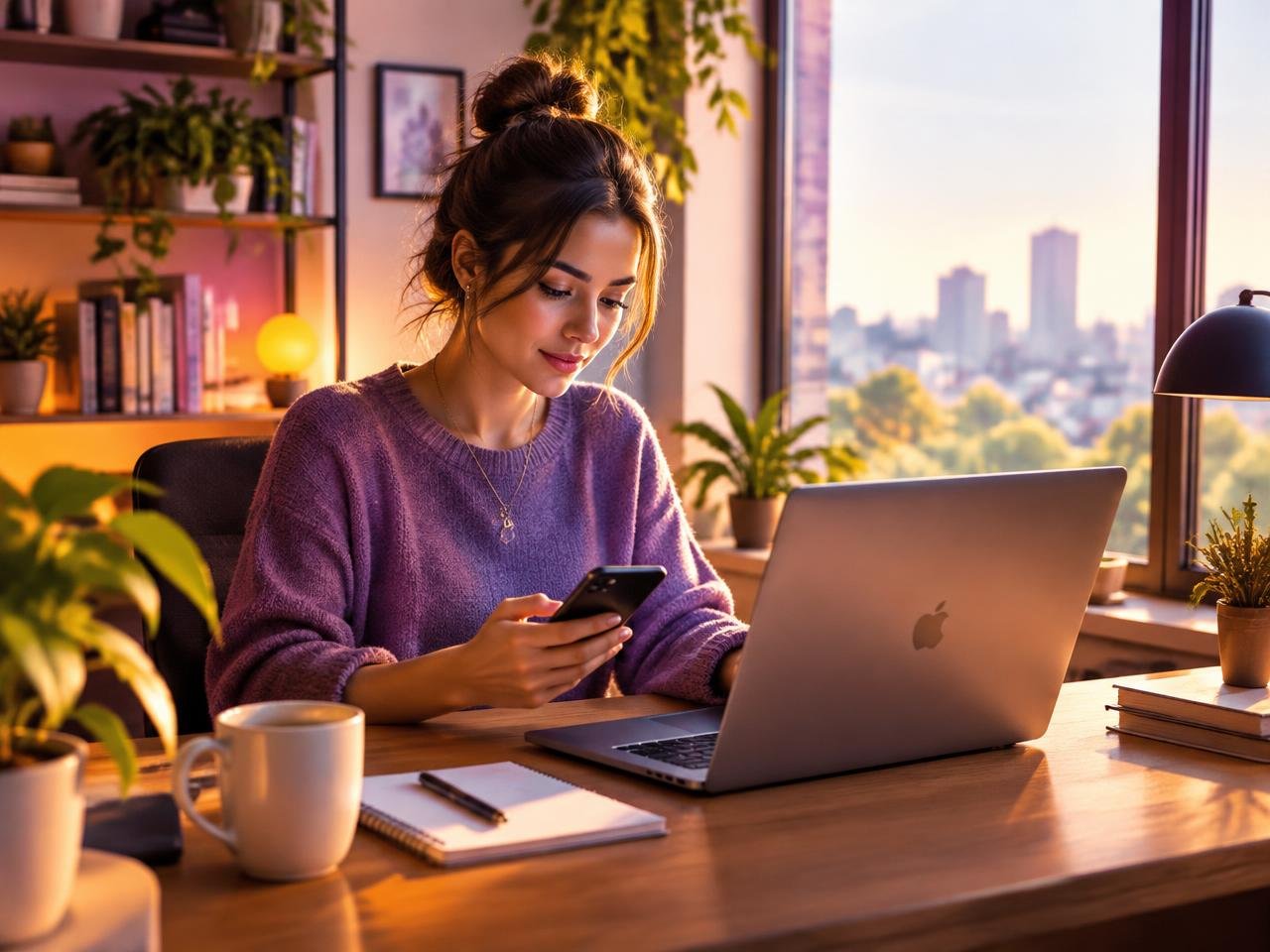 Mitarbeiterin arbeitet im Homeoffice mit Laptop und Smartphone
