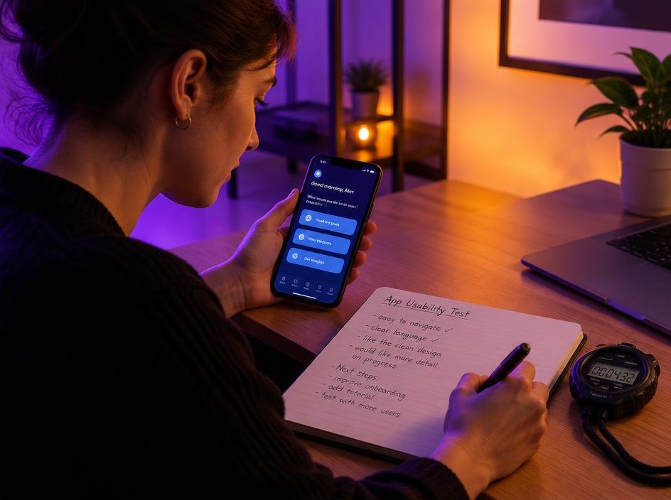 App-Test mit Notizen und Stoppuhr